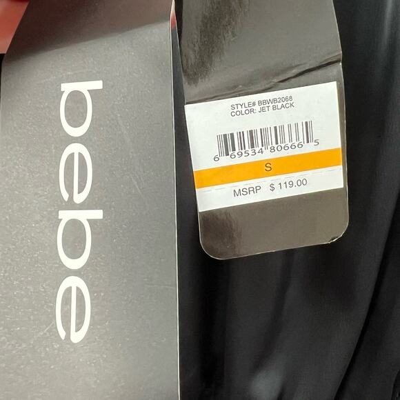 BEBE Satin Off-The Shoulder Romper Ruffled Trim Long Sleeve Shorts Black Women S - Picture 6 of 8